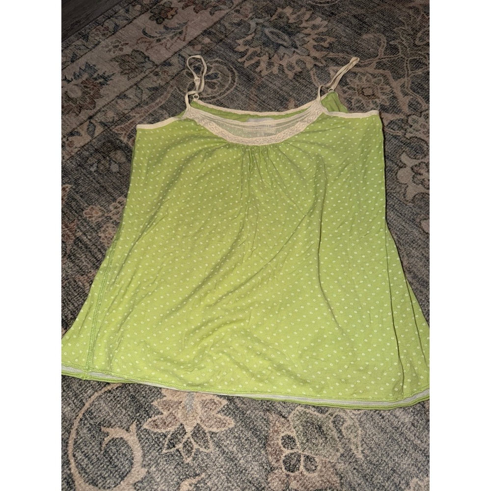 Vintage Abercrombie & Fitch Lime Green Polka Dot Flowy Tank Babydoll Lace Trim